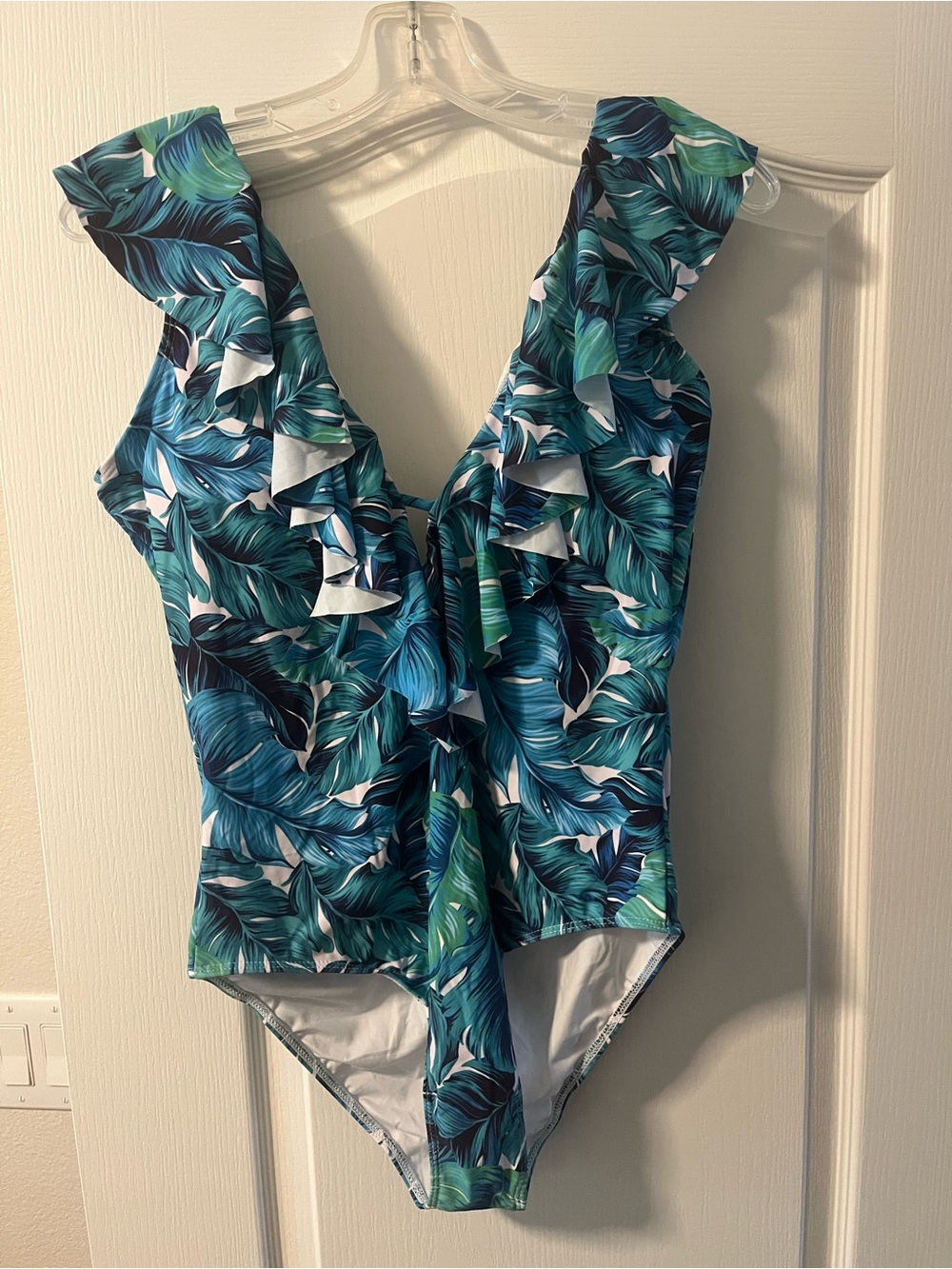 Tropical Leaf Ruffle One-Piece Swimsuit in Blue & Green